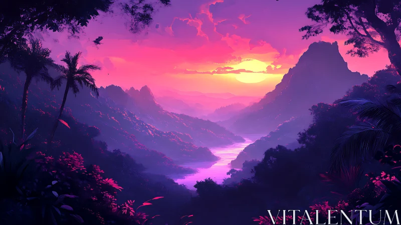 Sunset illuminates layered tropical valley with central river