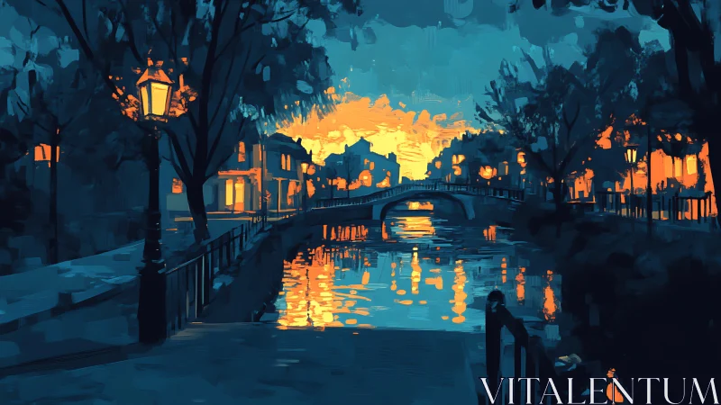 Canal bridge glows at sunset in moody teal and amber light