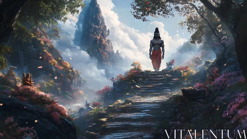 Serene mountain path welcomes a lone mystic traveler