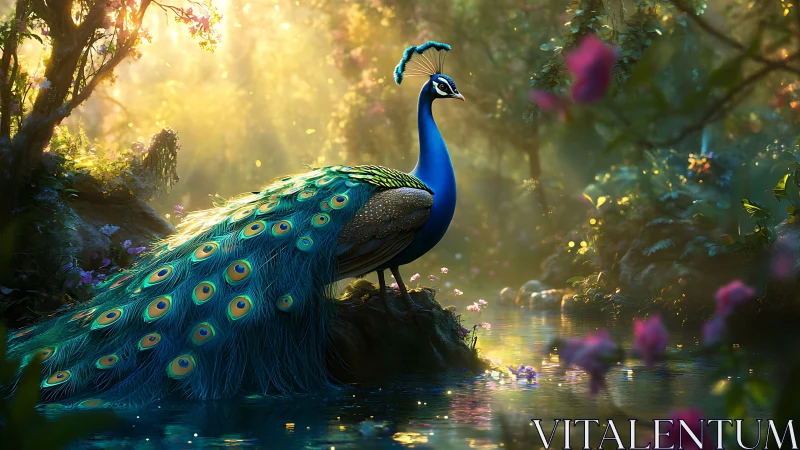 Majestic peacock beside glowing forest pool at sunrise.