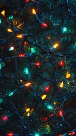 Multicolored LED string lights woven through deep pine foliage.