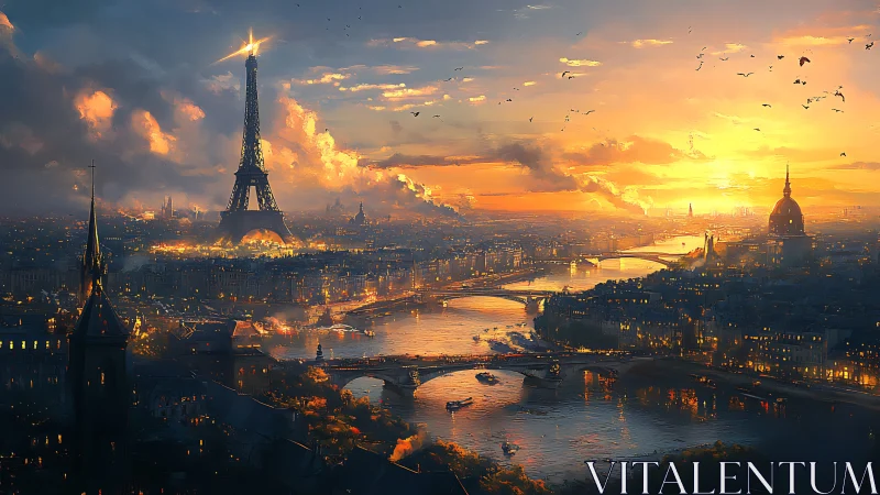 Golden Parisian sunset pours light over the glowing Seine