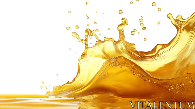 Golden liquid splash in high-speed motion against white background.
