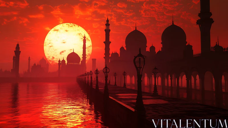 Crimson domed skyline silhouetted against oversized sunset orb.