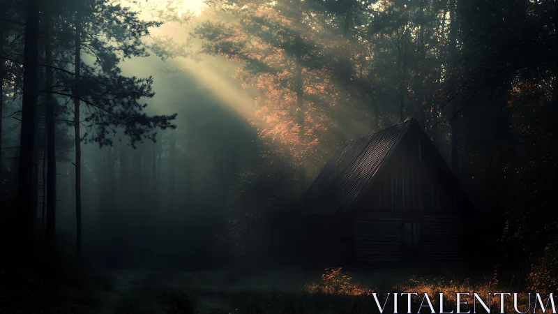 Cabin in misty forest with angled morning light beams.