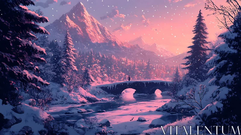 Snowlit mountain bridge under glowing winter sunset sky.