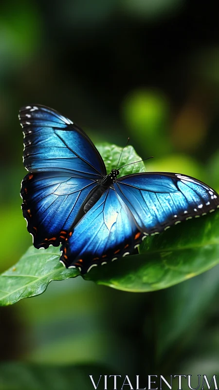 Blue butterfly resting on green leaf in soft focus garden
