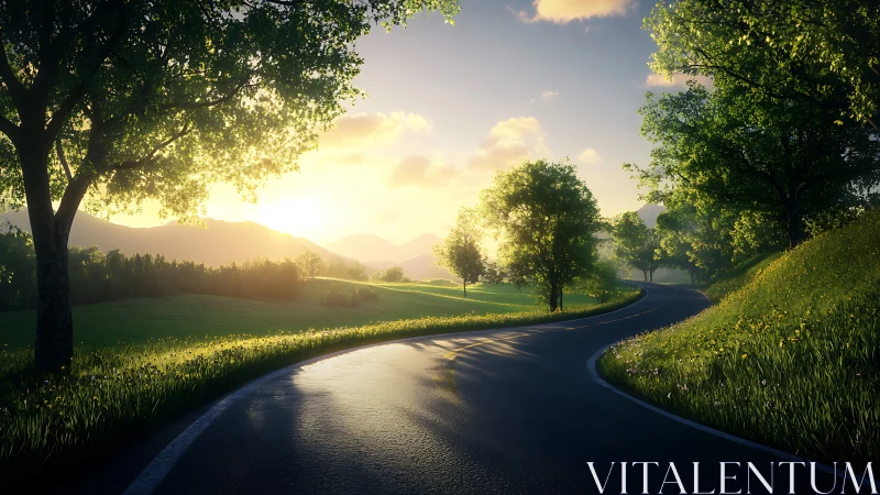 Morning light welcomes a gentle road through green hills