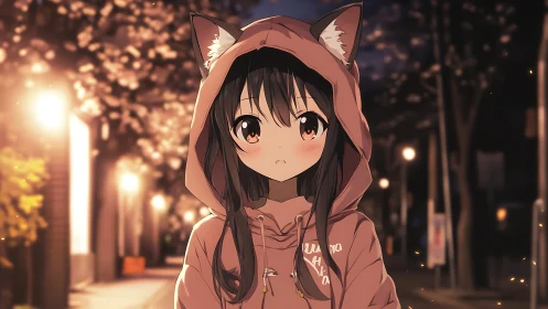 Fox-eared girl wanders dusk-lit street in soft amber hush.