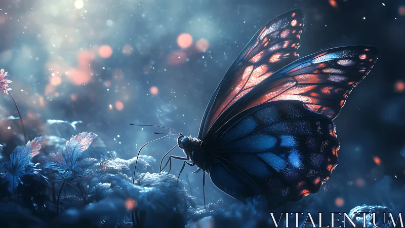 Moonlit butterfly resting softly in a glowing dream garden.