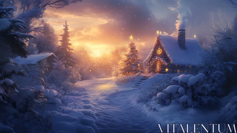 Snowy Christmas cabin glows warmly against a pastel sunset