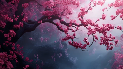 Dreamy twilight grove under a canopy of pink blossoms.