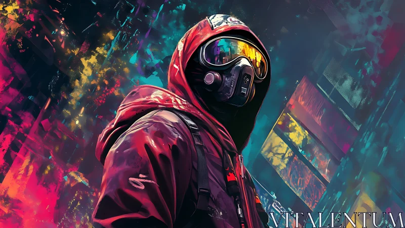 Neon hooded wanderer in a glowing cyberpunk nightscape.