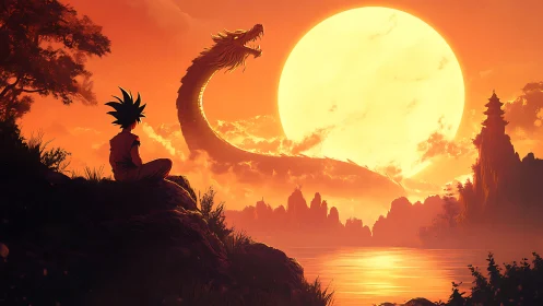 Celestial dragon over lake at sunset with silhouetted child