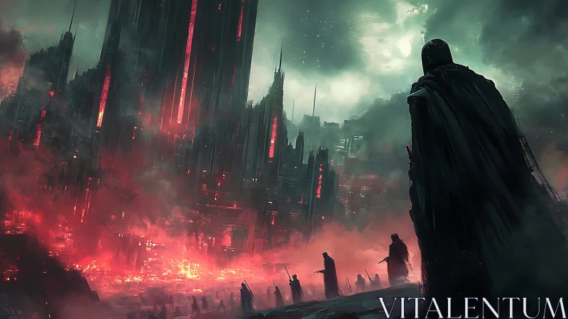 Dystopian cloaked figures before burning megastructure skyline.