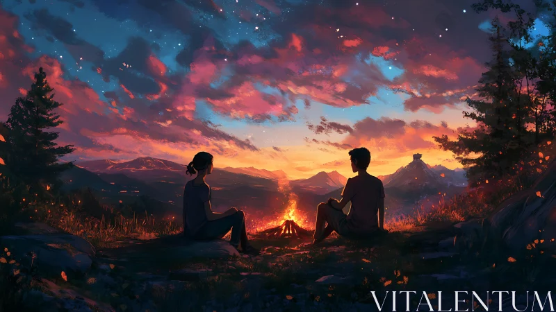 Two friends share a quiet mountainside campfire at dusk