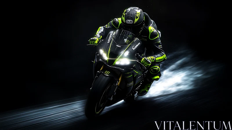 Motorcycle racer in neon gear on dark wet track.