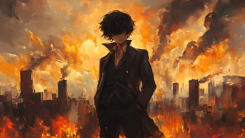 Stoic wanderer standing calm in a storm of burning skies.