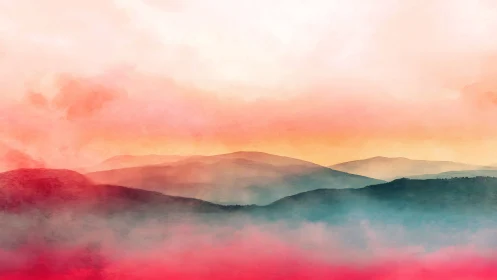 Layered misty hills under diffuse warm-toned sky.