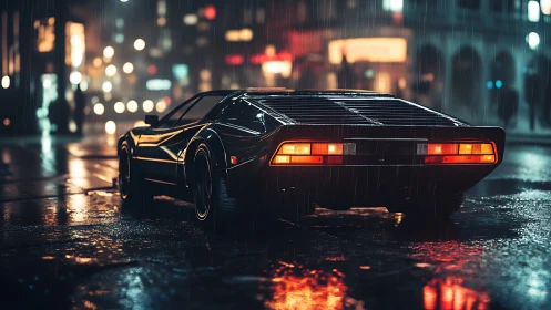 Neon rain crowns a retro supercar idling in cinematic silence