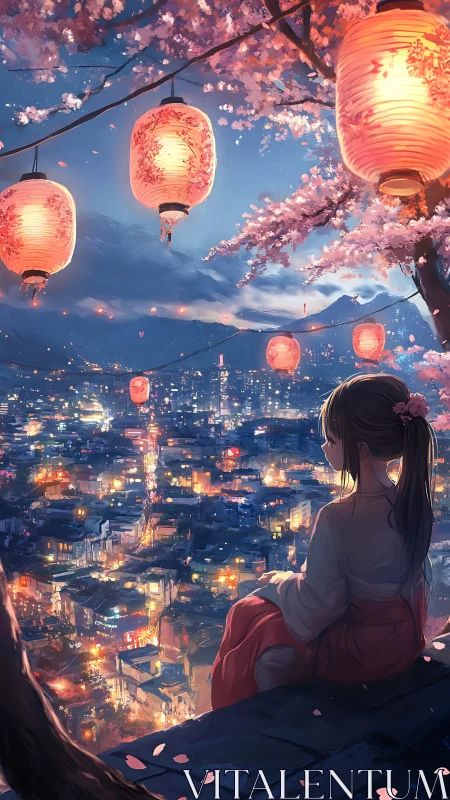 Girl overlooks lantern-lit cherry city at twilight.