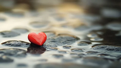 Red Heart-Shaped Object Positioned on Wet Stone Surface