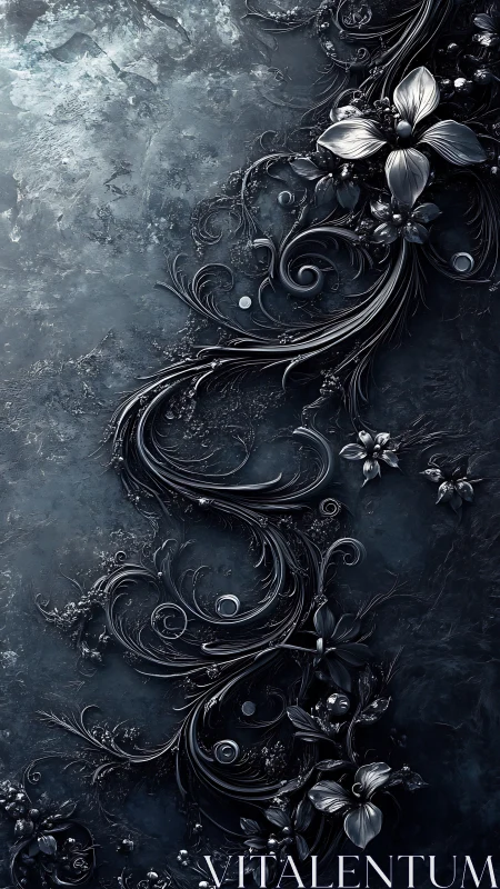 Metallic floral ornament forms vertical curve on textured ground