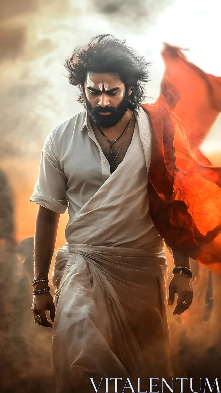 Fierce robed wanderer walking through glowing sunset haze.