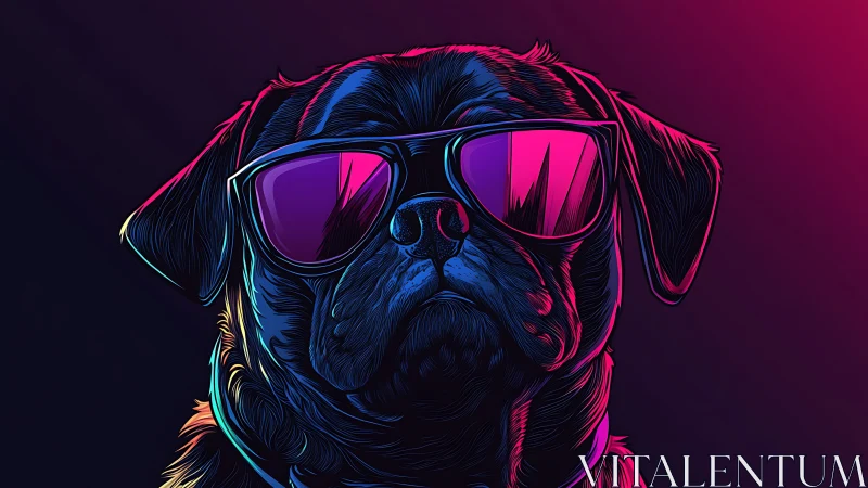 Stylized neon illustration depicts a dog wearing reflective glasses