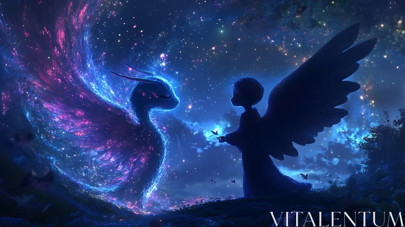 Winged child silhouette with luminous cosmic creature at night.