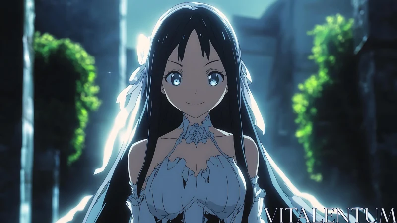 Luminous anime bride walking through a mossy twilight ruin.