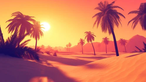 Sunlit desert oasis with palm silhouettes at sunset.