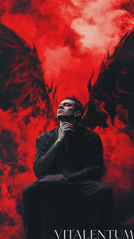 Dark figure with demonic wings contemplates amid crimson smoke.