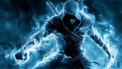 Spectral hooded warrior formed in electric blue energy.