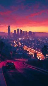 Neon drenched hillside freeway toward sunset city skyline