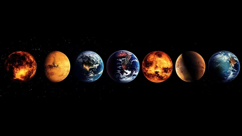 Row of stylized planetary spheres rendered against black space