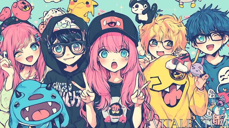 Vibrant chibi cosplay ensemble with mascot-saturated composition.