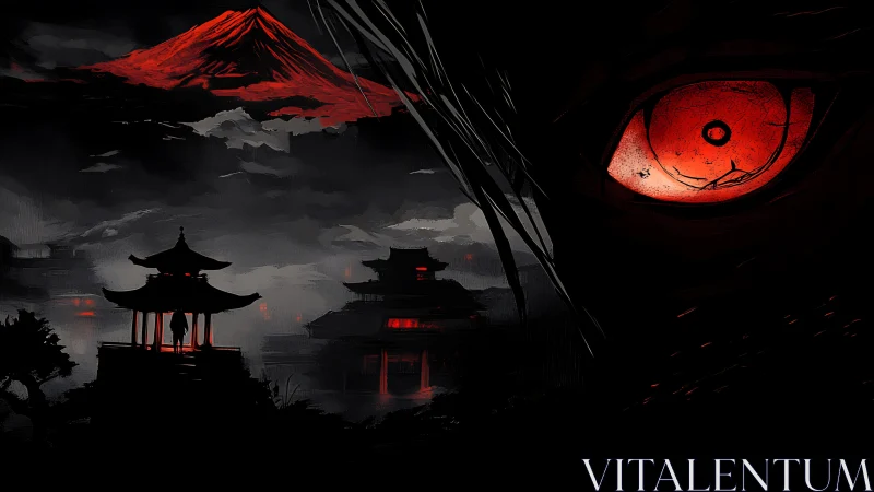 Blood-red moonlit eye watches over haunted samurai temples.
