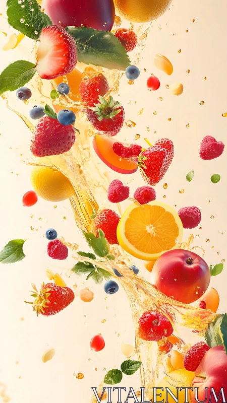 Mixed fresh fruits explode through swirling golden juice
