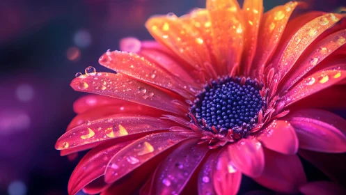 Pink Gerbera Daisy with Dew Drops and Golden Backlighting.
