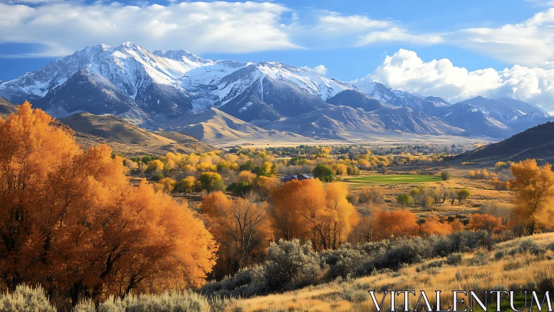 Snowcapped mountain range rises over vivid autumn valley