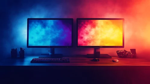 Dual-monitor workstation in chromatic thermal gradient lighting.