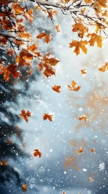 Crisp maple leaves transition through early snowfall with shallow depth