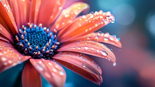 Dew-Covered Daisy with Blue Center Against Soft Bokeh.