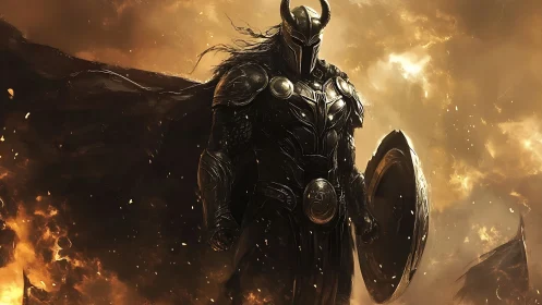 Dark armored guardian standing strong in a storm of fire.