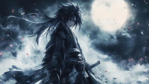 Moonlit warrior stands calm in stormy night sky glow