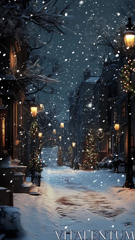 Snowy night street with warm lamps and holiday decor.