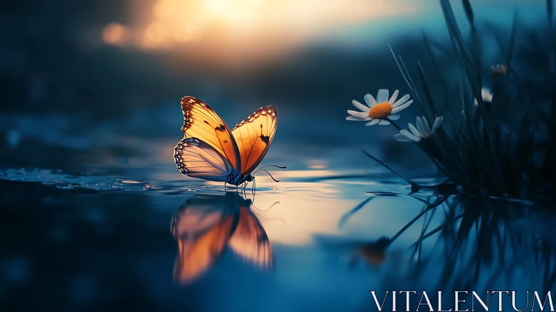 Vibrant butterfly near daisy by water at sunset, dreamy style.