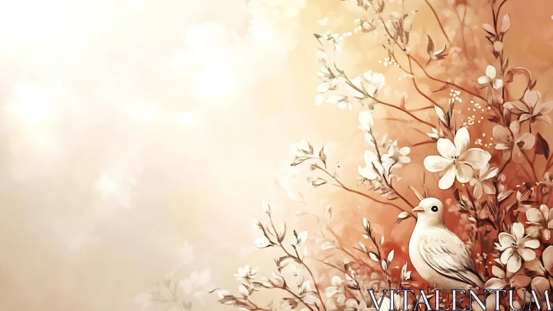 Ivory Dove Perched Among Delicate Blossoms in Warm Sepiatone Environment