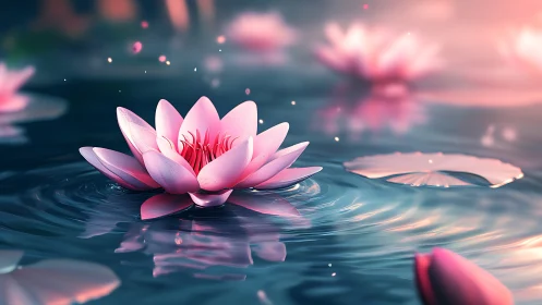 Luminous pink water lily drifts calmly across rippling water.
